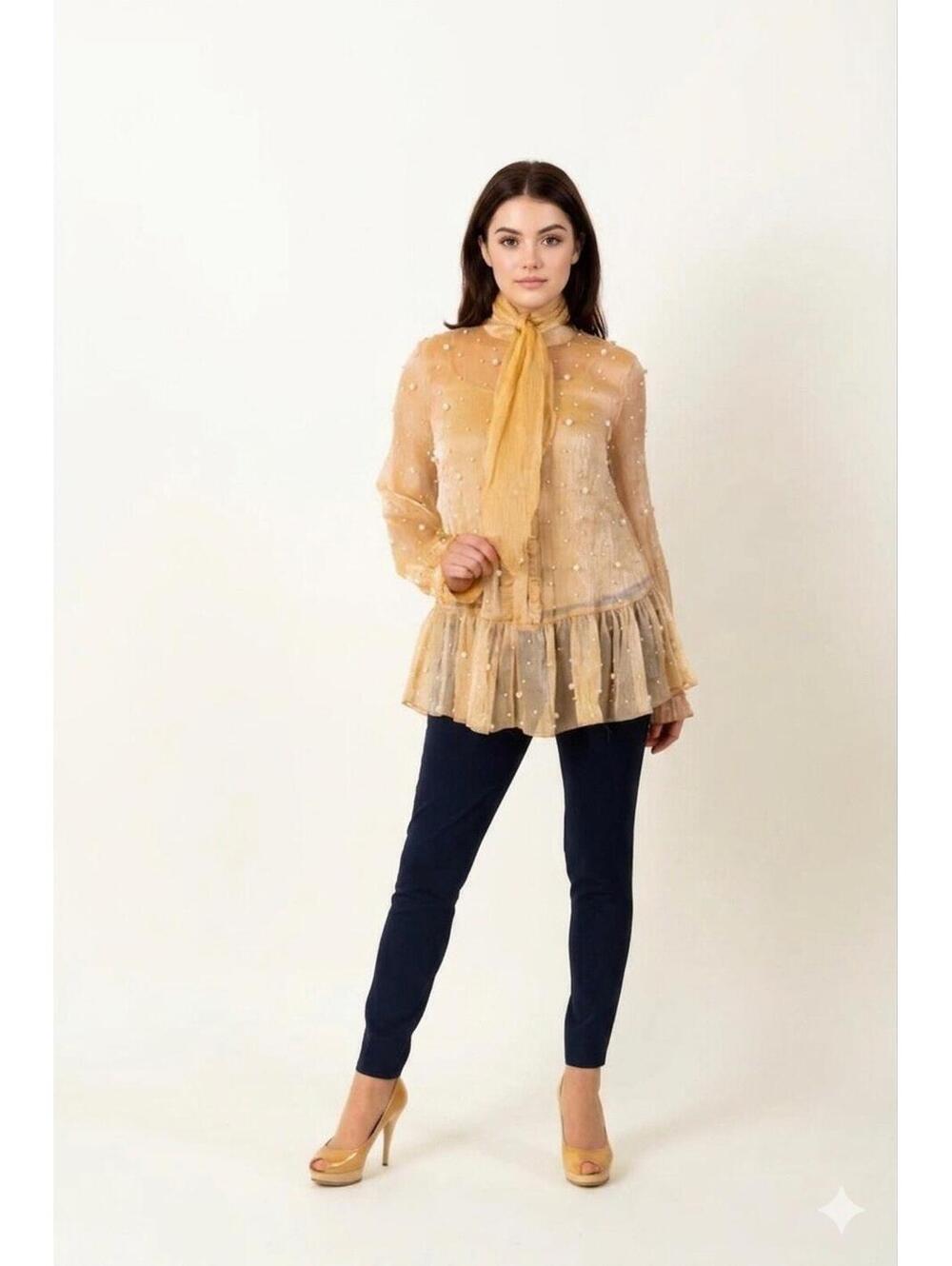 WHY DRESS Gold Pearl Embellished Pleated Organza Blouse Mock Neck Bow Size S